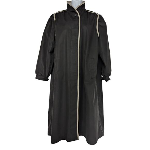 Women’s Black Contrast Trim Button Front Coat Mid-Length Trench Style - Picture 2 of 14